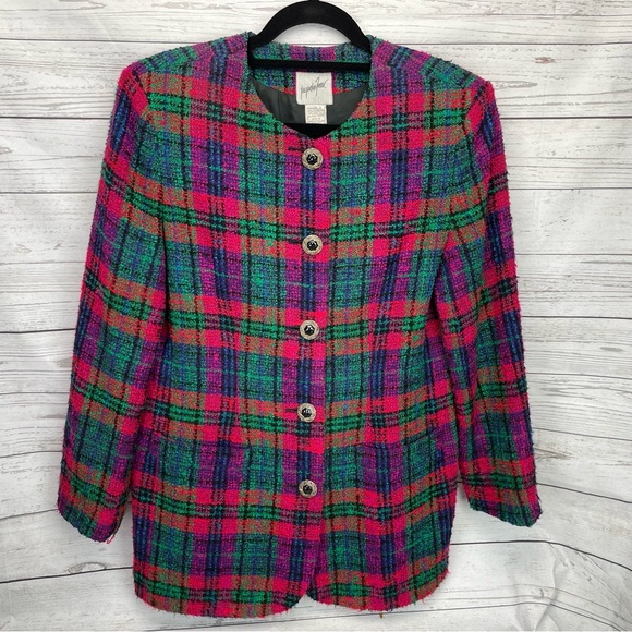 🍁 Jacqueline Ferrar Tweed Blazer Wool Blend Lined Jacket Coat sz 10 - Picture 1 of 6